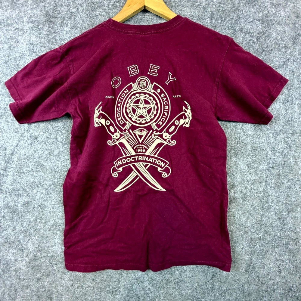 Obey T-Shirt Mens Small Maroon Y2K Dedication Sacrifice Indoctrination Knives